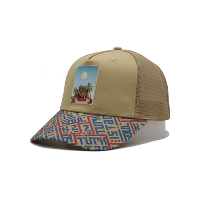 Printed Patch 5 Panel Trucker Cap Light Yellow Polyester And Mesh