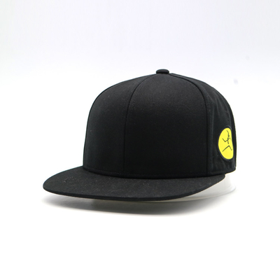 Display Bill 6 Panels Embroidered Flat Visor Cap 100% Cotton Twill Yellow Woven Patch