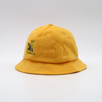 Flat Embroidery Unisex Bucket Hat Yellow Cotton Fishing Hat