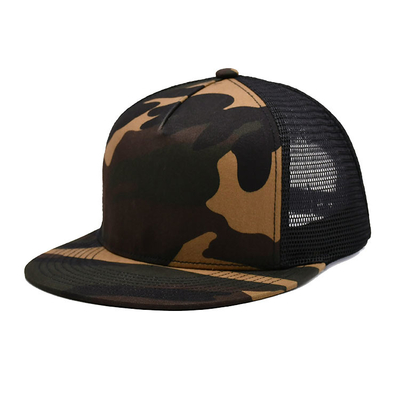 Polyester Mesh Camo Cotton Fabric Trucker Cap 5 Panel Flat Brim Outdoor Cap Customize Logo