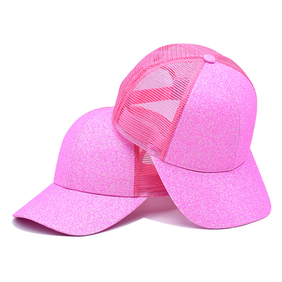 BSCI Adult Trucker Cap 100% Polyester Glitter Front Panels Precurved Bill Pink Trucker Hat