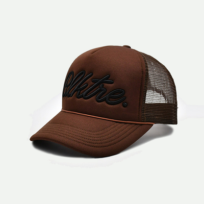 Adjustable Customized 5 Panel Sponge Trucker Cap Brown Summer Decorative Rope