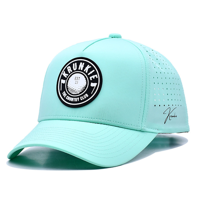 Curve Peak 5 Panel Sport Cap With Rubber Patch Logo Laser Holes On Back