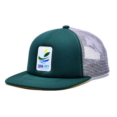 Custom 5 Panel Flat Brim Mesh Trucker Hat, Embroidered Woven Label Logo Foam Trucker Caps