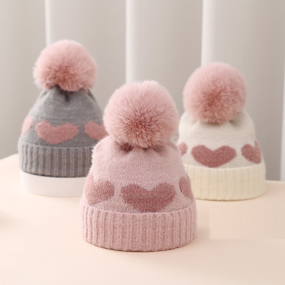 2024 New Autumn Winter Baby Knitted Hats Girls Acrylic Bilayer Warm Toddler Beanie Cute Heart Newborn Hat