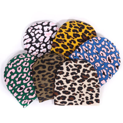 Custom Logo High Quality Men Women Acrylic Winter Hats Cap Leopard Print Pattern Knitted Slouchy Beanies