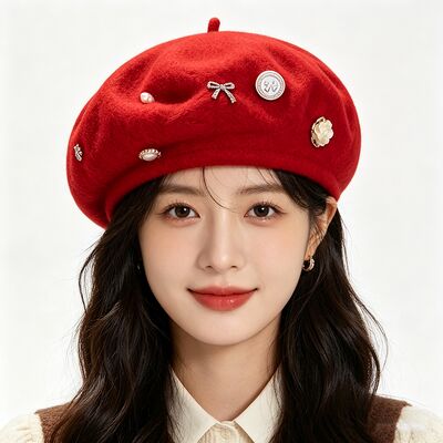 Red Wool Blend Beret with High Durability for All Seasons and Customized Size Casual Winter Beret Cap for Ladies