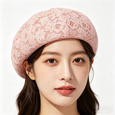 Vintage Pink Lace Beret Floral Pattern Breathable Beret Cap with and Elegant Daily & Party Headwear
