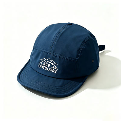 Flat Brim 5 Panel Camper Hat with Sports Mesh Sweatband and Adjustable Hook-and-Loop Strap