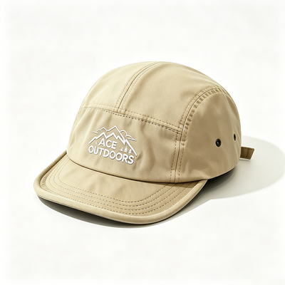 Flat Brim 5 Panel Camper Hat with Sports Mesh Sweatband and Adjustable Hook-and-Loop Strap
