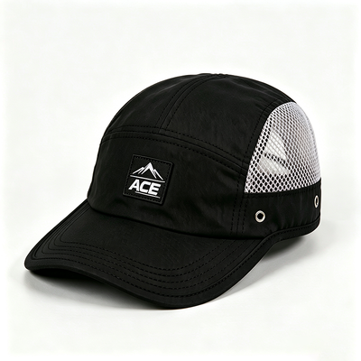 Sports Mesh Sweatband 5 Panel Camper Hat with Flat Brim and One Size Fits All Design