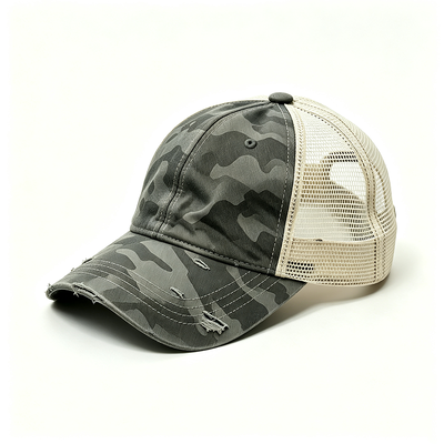 Distressed Camo Curved Visor Trucker Cap Featuring Constructed Structure Durable Mesh Back and Adjustable Snap Closure for Everyday Wear