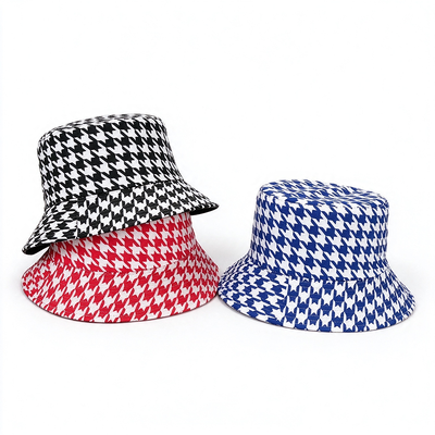 Recycled Fabric Houndstooth Bucket Hat Casual Lightweight Breathable Hat For Daily Outdoor Activities