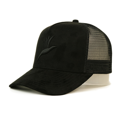 custom-made 3D embroidery 5 panel suede trucker cap with plastic buckle