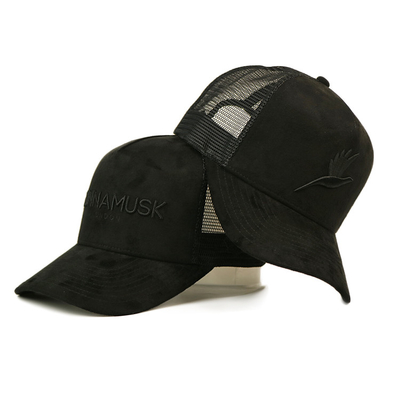 Black 5 Panel Suede Trucker Hats With Curved Brim Embroidery Logo