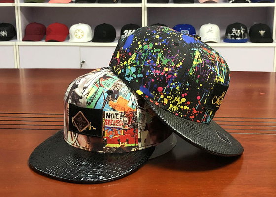 Plastic Buckle Flat Brim Snapback Hats Colorful Digital Sublimation Printed Leather Patch