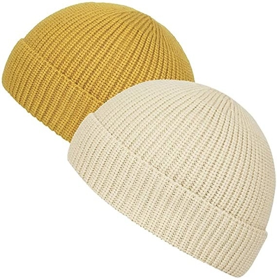Yellow Acrylic Plain Knit Beanie Hats With Short Brim Adult Size