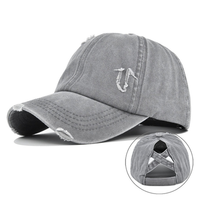 Women'S Washed Distressed Cotton Denim High Ponytail Hat Adjustable Baseball Cap