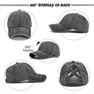 Women'S Washed Distressed Cotton Denim High Ponytail Hat Adjustable Baseball Cap