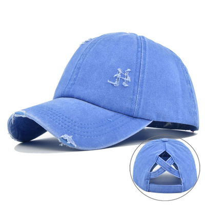 Women'S Washed Distressed Cotton Denim High Ponytail Hat Adjustable Baseball Cap