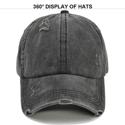 Women'S Washed Distressed Cotton Denim High Ponytail Hat Adjustable Baseball Cap