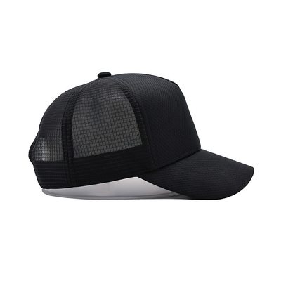 Short Brim Polyester 5 Panel Trucker Cap Black Color 7 Holes Plastic Snap