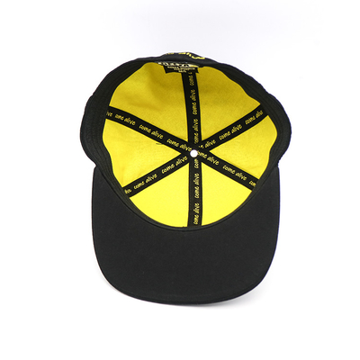 Display Bill 6 Panels Embroidered Flat Visor Cap 100% Cotton Twill Yellow Woven Patch