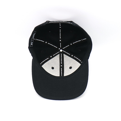 100% Cotton Flat Visor Snapback Hats Rubber Patch Black Constructed Cap