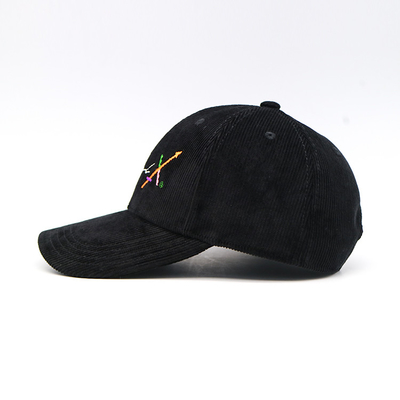 100% Corduroy Black Flat Embroidered Baseball Caps Plastic Back Closure