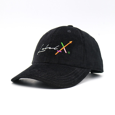 100% Corduroy Black Flat Embroidered Baseball Caps Plastic Back Closure