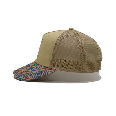 Printed Patch 5 Panel Trucker Cap Light Yellow Polyester And Mesh