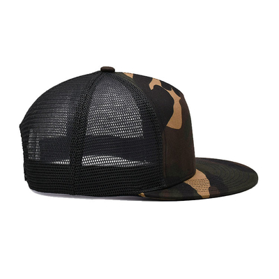 Polyester Mesh Camo Cotton Fabric Trucker Cap 5 Panel Flat Brim Outdoor Cap Customize Logo