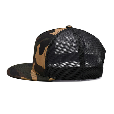 Polyester Mesh Camo Cotton Fabric Trucker Cap 5 Panel Flat Brim Outdoor Cap Customize Logo