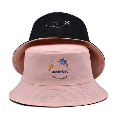 58cm Reversible Bucket Hat Casual Custom Logo Embroidery Pink Color