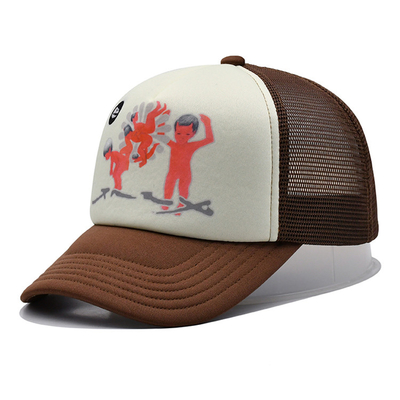 Unisex 5 Panel Truker Cap Custom Logo Polyester Mesh Brown Color