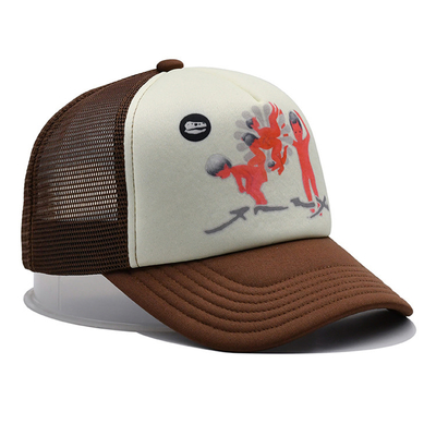 Unisex 5 Panel Truker Cap Custom Logo Polyester Mesh Brown Color