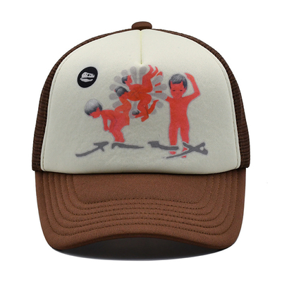 Unisex 5 Panel Truker Cap Custom Logo Polyester Mesh Brown Color