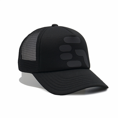 Black Mesh 5 Panel Sports Trucker Cap Men's and Women's Adjustable High Crown Foam Mesh Cap