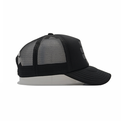 Black Mesh 5 Panel Sports Trucker Cap Men's and Women's Adjustable High Crown Foam Mesh Cap