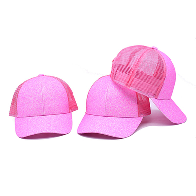 BSCI Adult Trucker Cap 100% Polyester Glitter Front Panels Precurved Bill Pink Trucker Hat