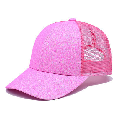 BSCI Adult Trucker Cap 100% Polyester Glitter Front Panels Precurved Bill Pink Trucker Hat