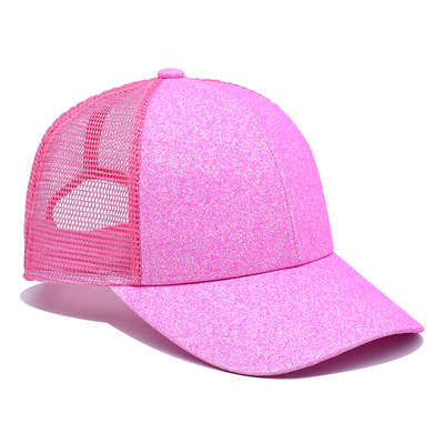 BSCI Adult Trucker Cap 100% Polyester Glitter Front Panels Precurved Bill Pink Trucker Hat