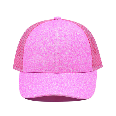 BSCI Adult Trucker Cap 100% Polyester Glitter Front Panels Precurved Bill Pink Trucker Hat