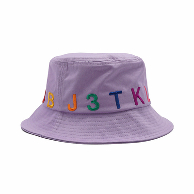 Purple 100% Cotton Bucket Hat 58cm 3D Embroidered For Women