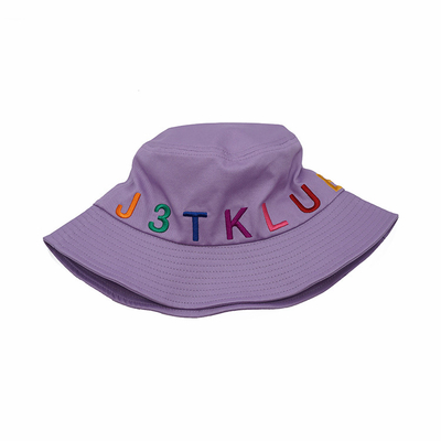 Purple 100% Cotton Bucket Hat 58cm 3D Embroidered For Women