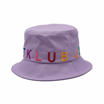 Purple 100% Cotton Bucket Hat 58cm 3D Embroidered For Women