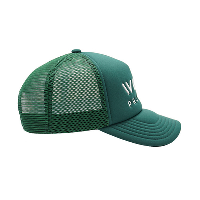 Curved Brim Green Trucker Hat 5 Panel Foam Mesh Hat With Embroidered Letter Logo