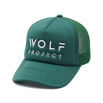 Curved Brim Green Trucker Hat 5 Panel Foam Mesh Hat With Embroidered Letter Logo