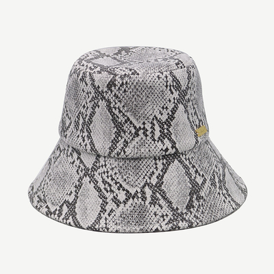 Unisex 58cm Gray PU Leather Bucket Hat With Gold Metal Logo