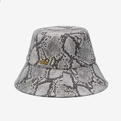 Unisex 58cm Gray PU Leather Bucket Hat With Gold Metal Logo